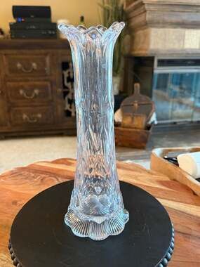 Vintage Clear Pressed Glass Diamond Point Swung Flower Vase with Ruffled Rim